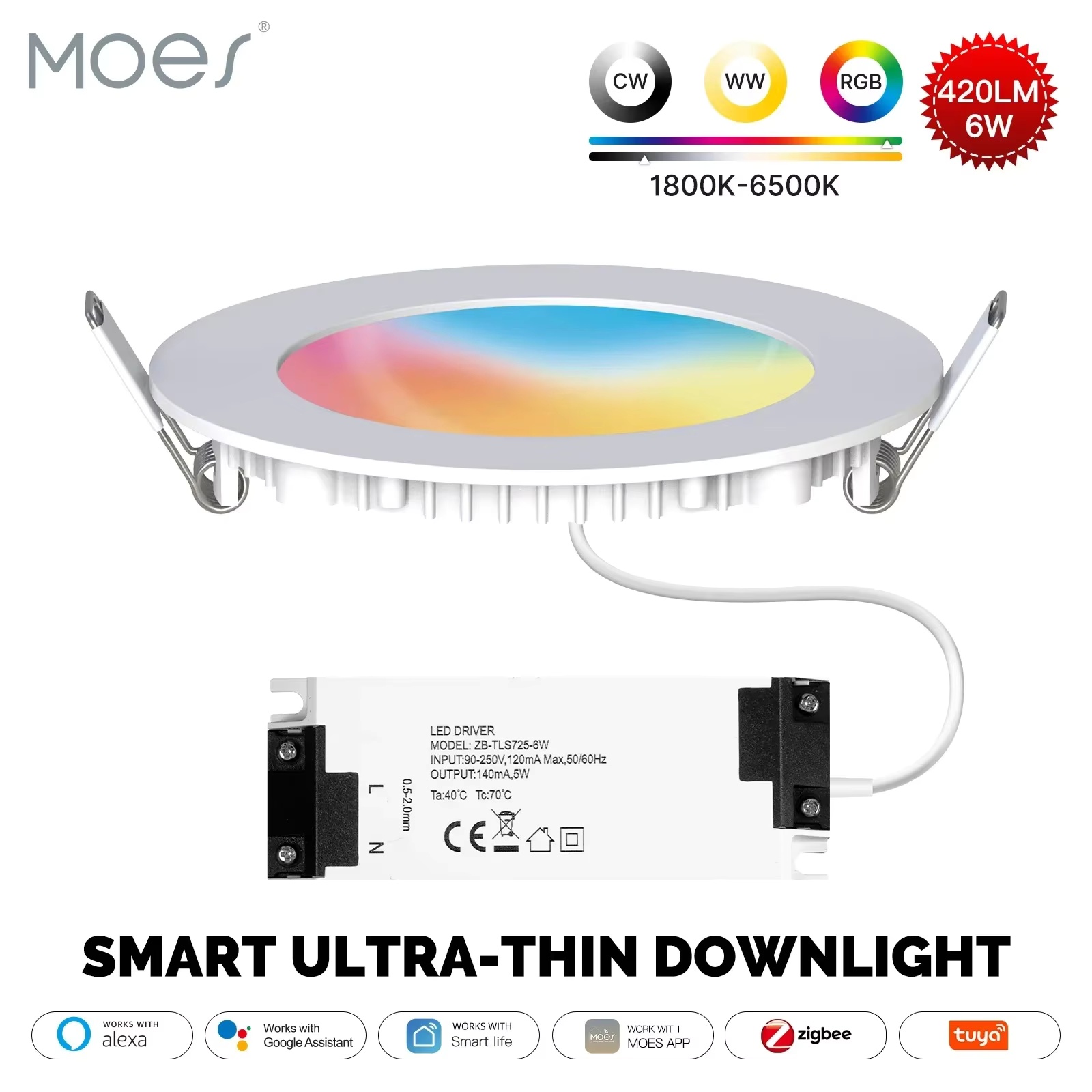 Smart Home Moes - MOES ZigBee Downlight Tuya, Lampada Tubolare
